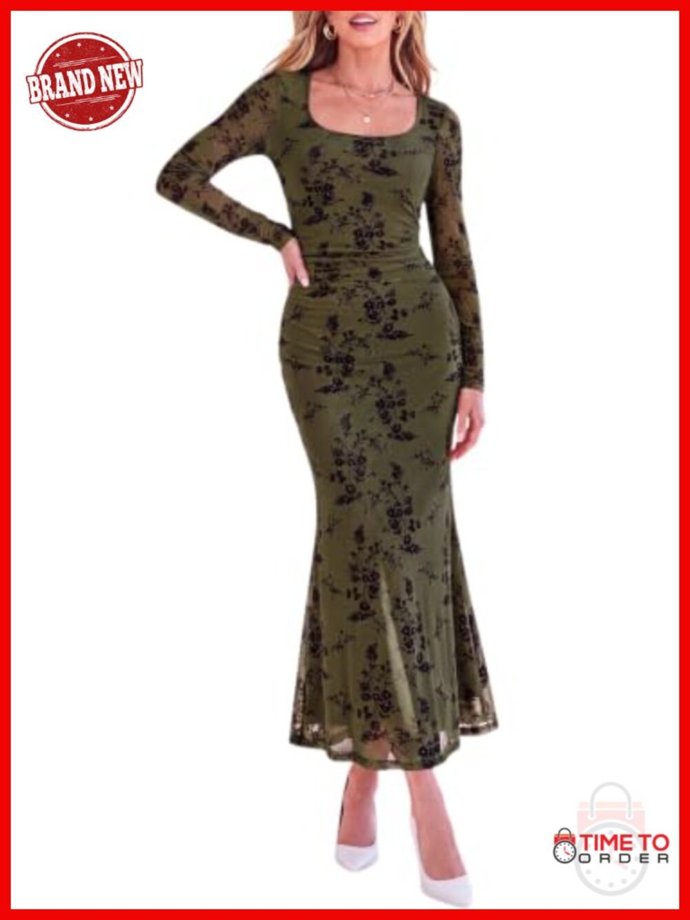 PRETTYGARDEN Long Sleeve Floral Maxi Bodycon Dress